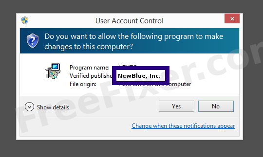 Screenshot where NewBlue, Inc. appears as the verified publisher in the UAC dialog